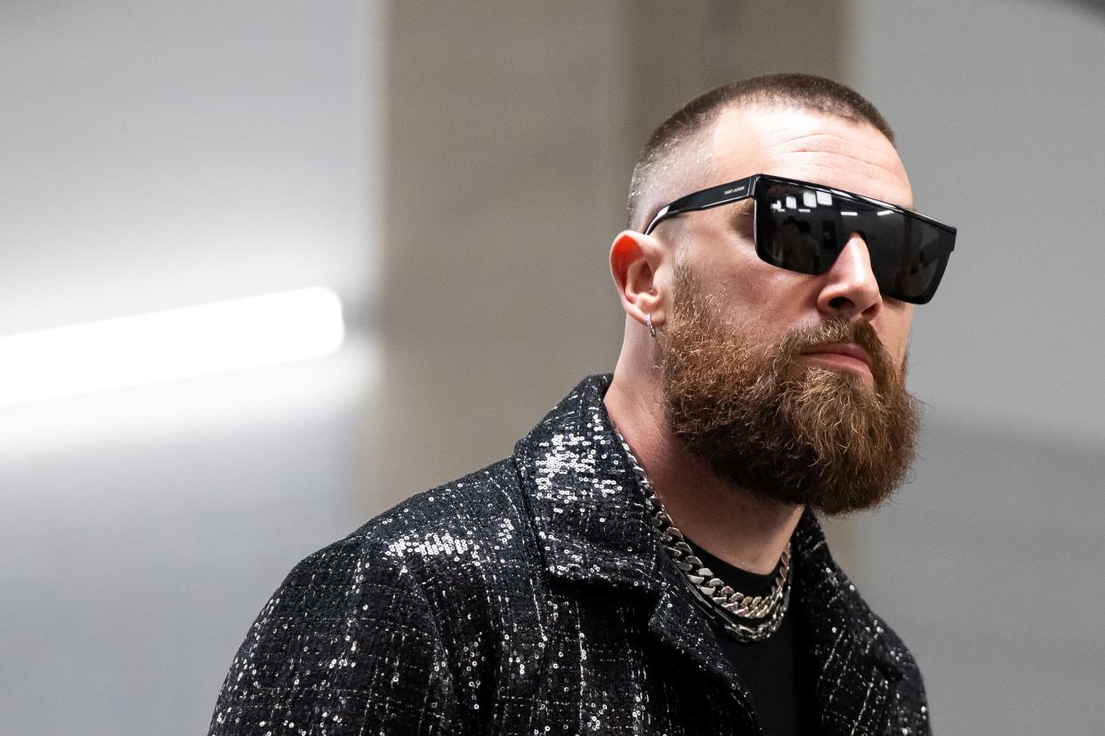 Tight end Travis Kelce #87 of the Kansas City Chiefs arrives prior to Super Bowl LVIII against the San Francisco 49ers at Allegiant Stadium on February 11, 2024 in Las Vegas, Nevada.