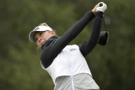 Jessica Korda tees off on the second hole during the third round of the Tournament of Champions LPGA golf tournament, Saturday, Jan. 22, 2022, in Orlando, Fla. (AP Photo/Phelan M. Ebenhack)