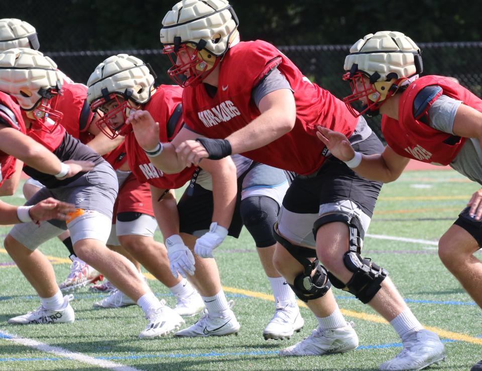 Mount Olive, NJ August 22, 2023 -- Mount Olive senior tackle and defensive end Aidan Lynch during practice.