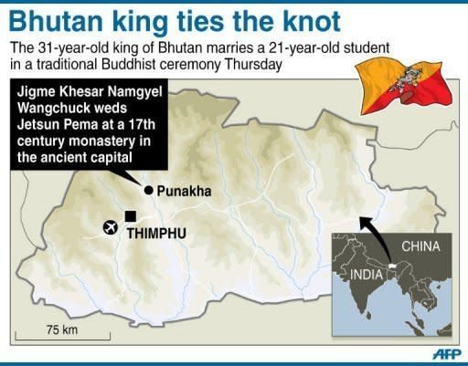 Map of Bhutan locating the ancient capital Punakha, where the popular king Jigme Khesar Namgyel Wangchuck married Jetsun Pema Thursday in a Buddhist ceremony at a 17th-century monastery