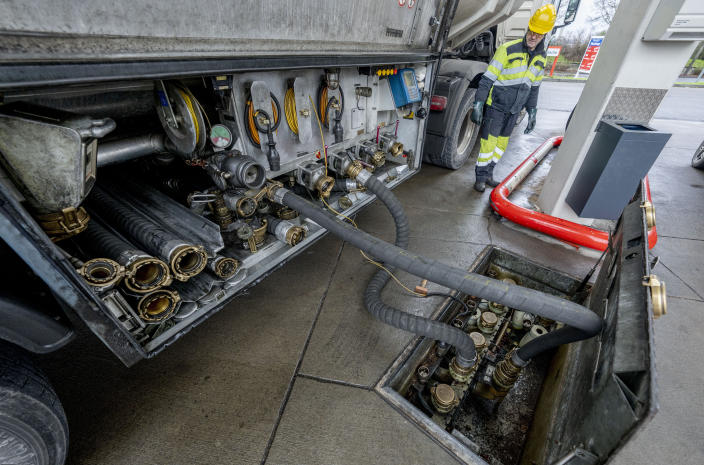 Diesel and other fuel is delivered to a gas station in Frankfurt, Germany, Friday, Jan. 27, 2023. A European ban on imports of diesel fuel and other products made from crude oil in Russian refineries takes effect Feb. 5. The goal is to stop feeding Russia's war chest, but it's not so simple. Diesel prices have already jumped since the war started on Feb. 24, and they could rise again. (AP Photo/Michael Probst)