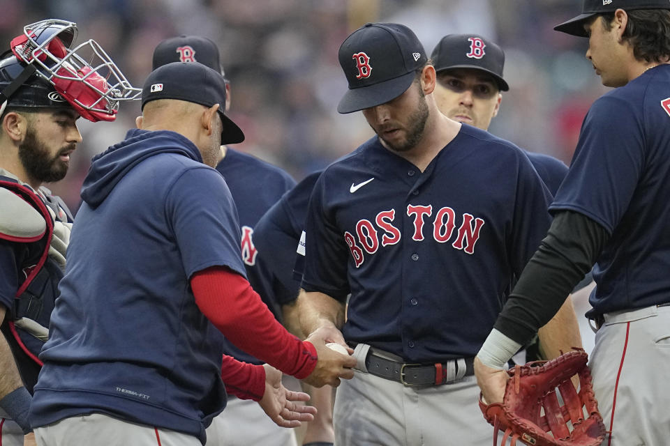 Boston Red Sox's Kutter Crawford is removed during the fourth inning of the team's baseball game against the Cleveland Guardians. Wednesday, June 7, 2023, in Cleveland. (AP Photo/Sue Ogrocki)