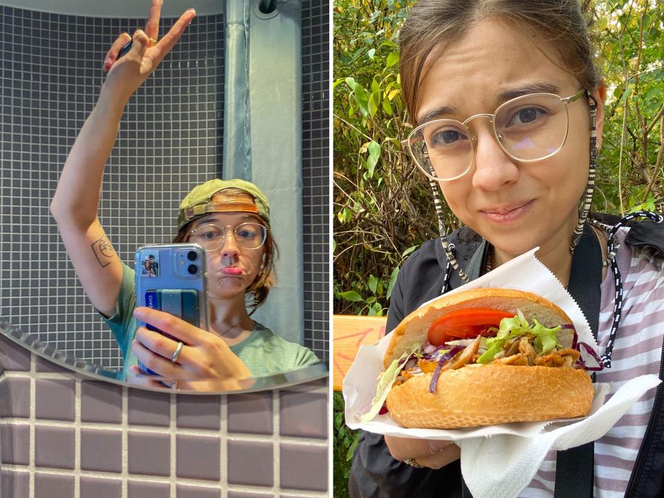 The author arrives at her Airbnb outside of Berlin (L) and enjoys a kebab in Vienna (R).