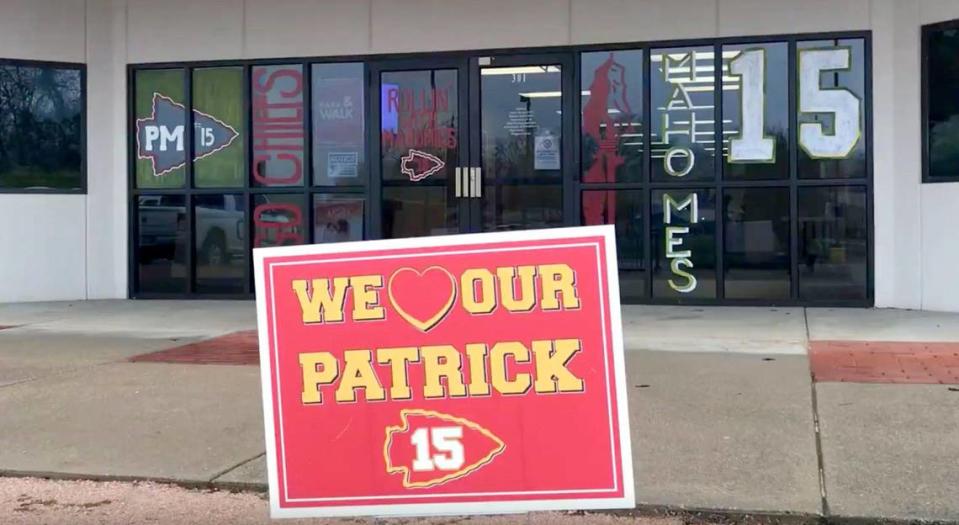 Support for Kansas City Chiefs quarterback Patrick Mahomes can be found all around his hometown of Whitehouse, Texas, including this community rec center.