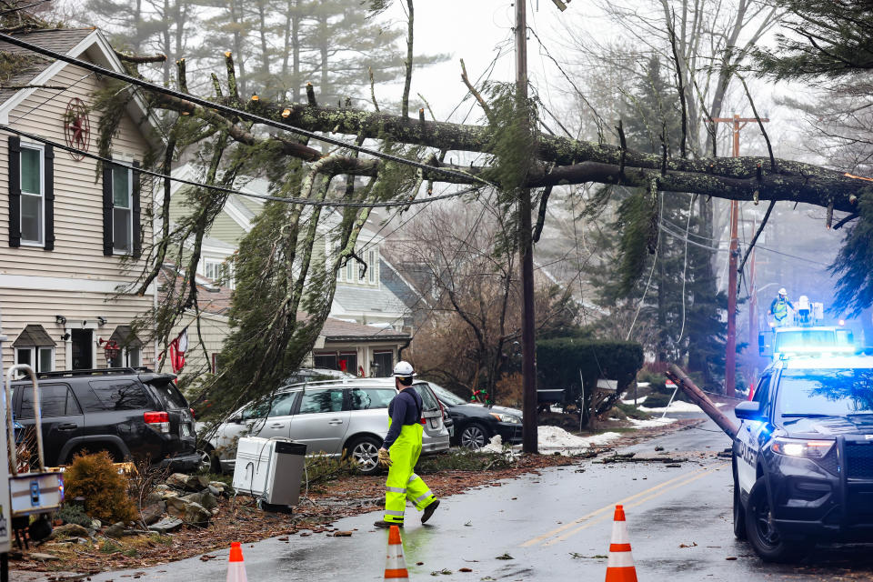 Unitil electric crews and Hampton police blocked off the corner of North Shore Road and Cusack Road after a tree fell into a home due to heavy winds during Saturday's storm.