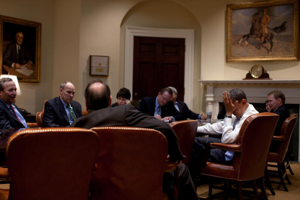 Obama meets with senior advisors in the Roosevelt Room of the White House on Feb. 16, 2009.