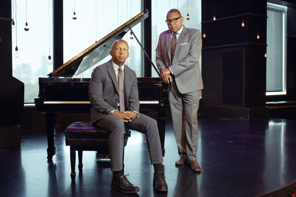 Pulitzer Prize-winning jazz artist Wynton Marsalis, right, and Bryan Stevenson, a trained pianist and and founder of the Equal Justice Initiative, right, pose for a photograph, Thursday, June 13, 2024, in New York. (AP Photo/Andres Kudacki)
