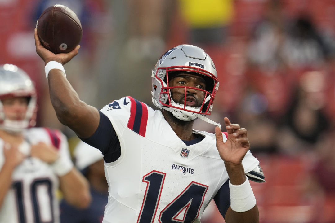 New England Patriots quarterback Jacoby Brissett (14) before an NFL preseason football game against the Washington Commanders, Wednesday, Aug. 28, 2024, in Landover, Md. (AP Photo/George Walker IV)