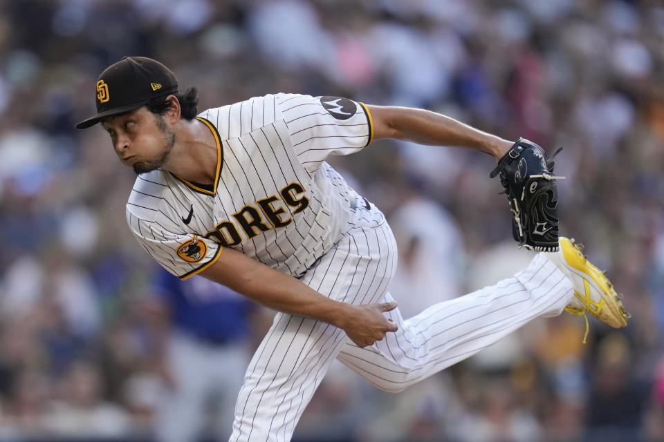 San Diego Padres starting pitcher Yu Darvish works against a Texas Rangers batter during the fifth inning of a baseball game Saturday, July 29, 2023, in San Diego. (AP Photo/Gregory Bull)