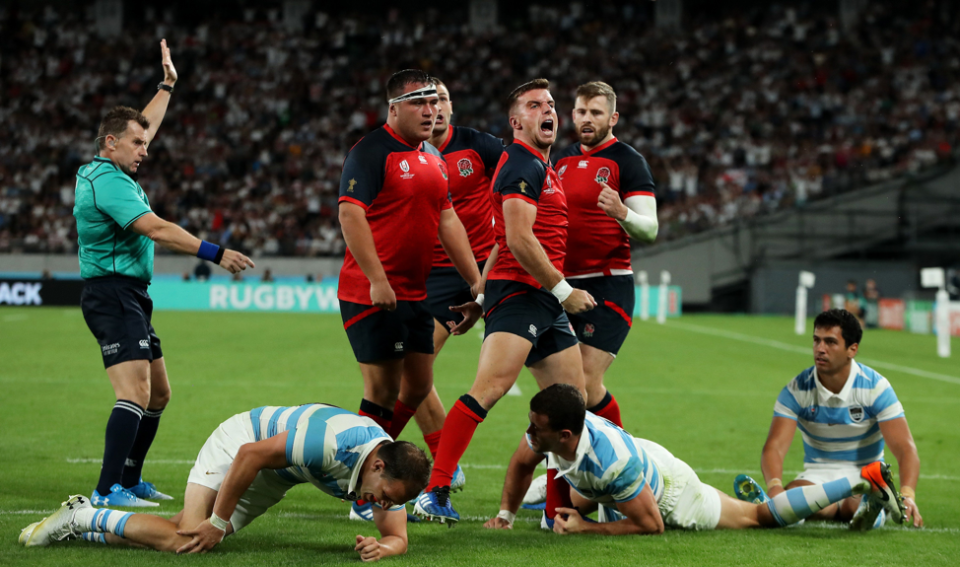 The pride and passion of World Cup rugby is clear on the face of England’s George Ford as he scores his side’s fourth try in 39-10 triumph over Argentina. David Rogers (Getty Image) took the picture.