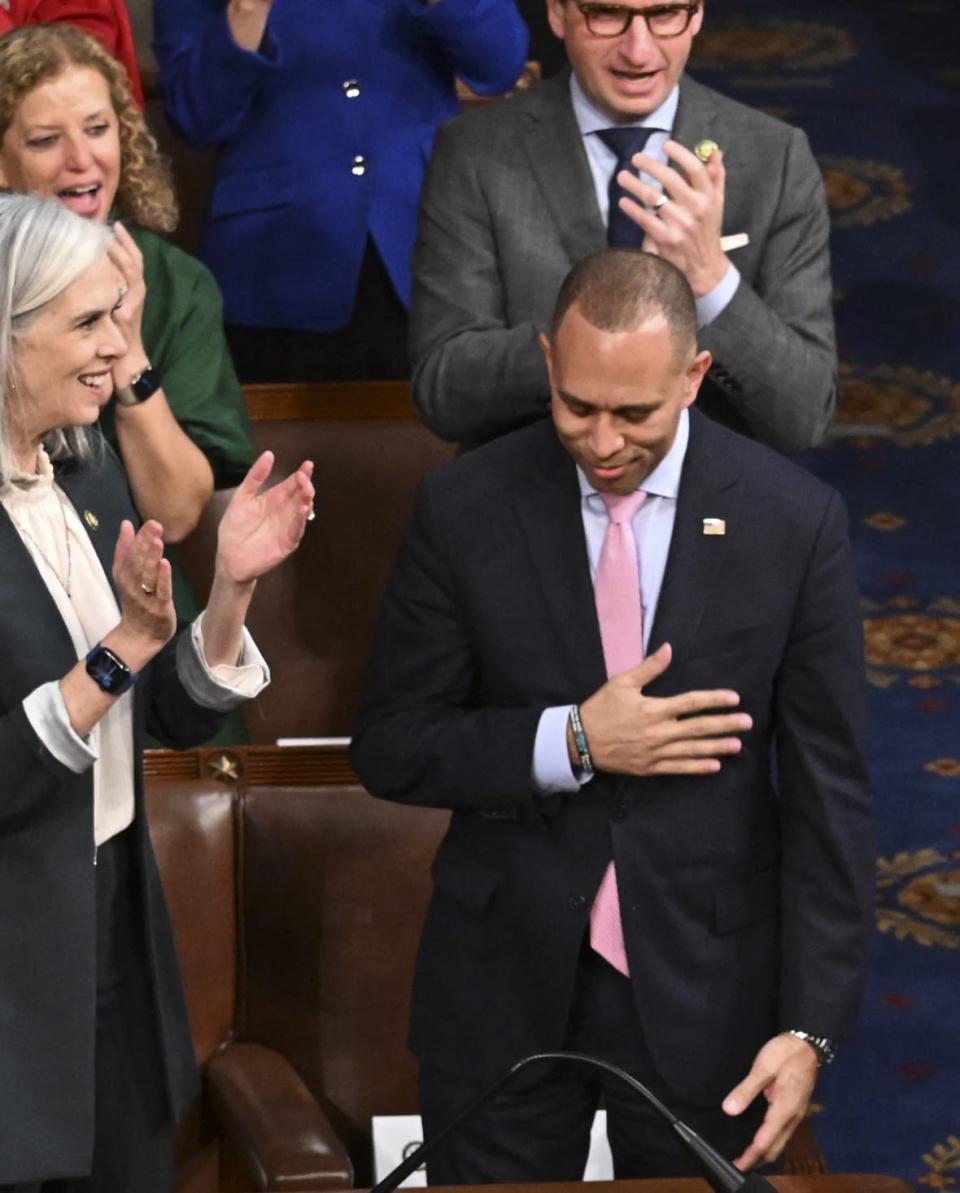 US House Minority Leader Hakeem Jeffries (LR bows as US President Joe Biden acknowledges him during the State of the Union address in the House Chamber of the US Capitol in Washington, DC, on February 7, 2023. (Photo by Jim WATSON / AFP) (Photo by JIM WATSON/AFP via Getty Images)