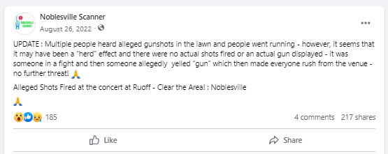 An Aug. 26, 2022 post by Noblesville Scanner on Facebook debunks reports that shots were fired during a Wiz Khalifa concert at Ruoff.
