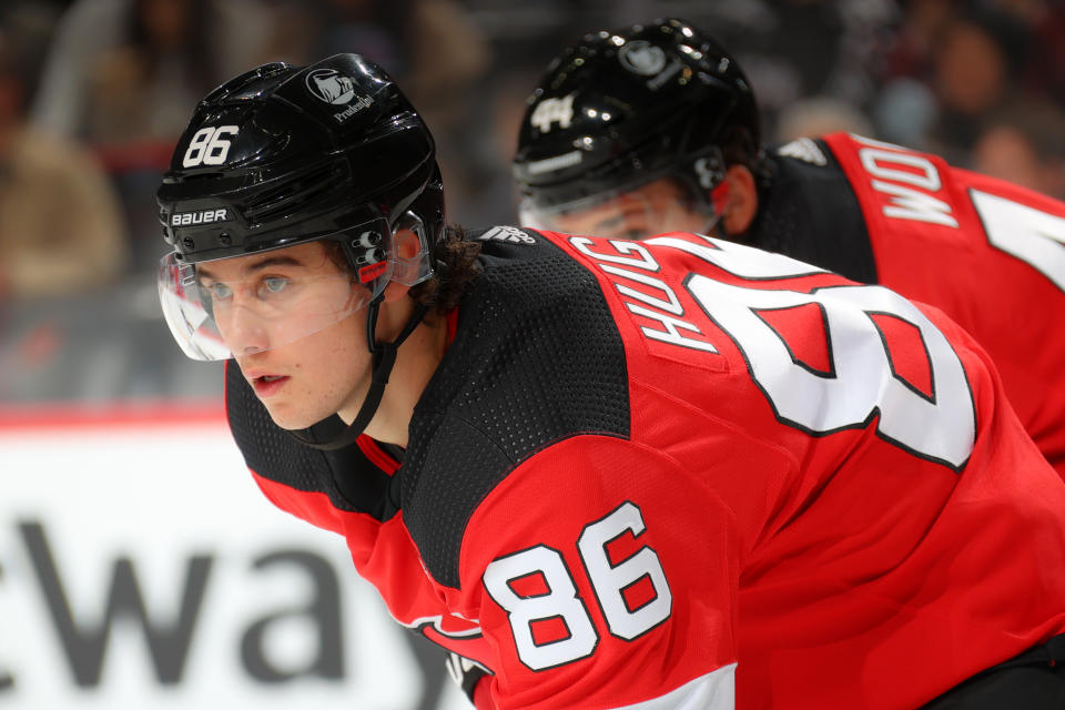 New Jersey Devils center Jack Hughes (86) is a fantasy star