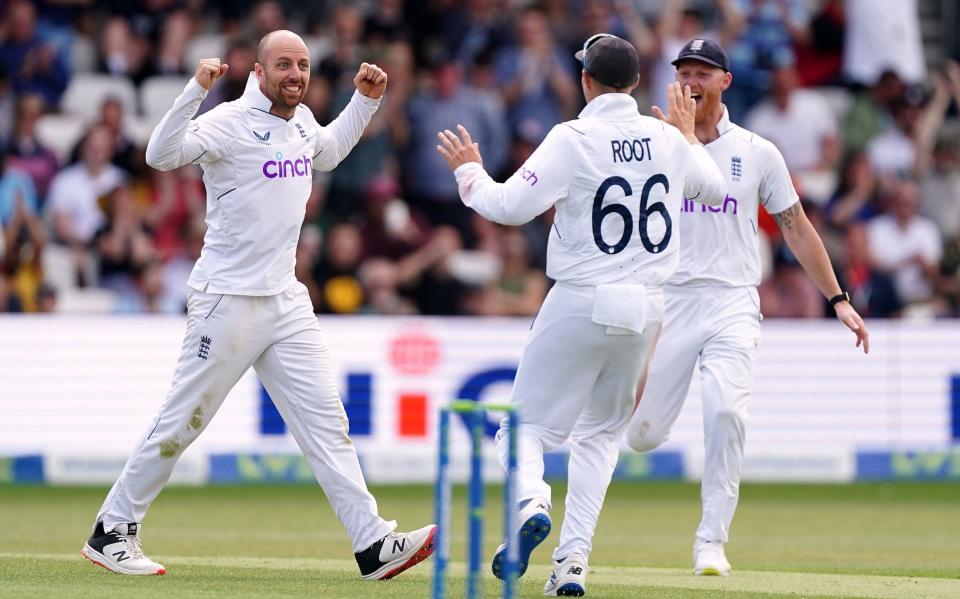 England's Jack Leach celebrates taking the wicket of New Zealand's Michael Bracewell with team-mates Joe Root and Ben Stokes (right) during day four of the third LV= Insurance Test Series Match at Emerald Headingley Stadium, Leeds - PA