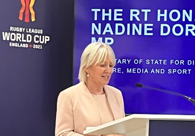 Nadine Dorries speaks at the launch of a report into the social impact made by the 2021 Rugby League World Cup. (Photo: Ian Laybourn via PA Wire/PA Images)