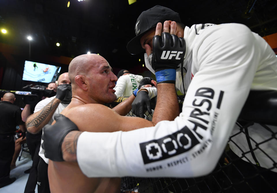 LAS VEGAS, NEVADA - NOVEMBER 07: Glover Teixeira of Brazil reacts after his victory over Thiago Santos of Brazil in a light heavyweight fight during the UFC Fight Night event at UFC APEX on November 07, 2020 in Las Vegas, Nevada. (Photo by Jeff Bottari/Zuffa LLC)