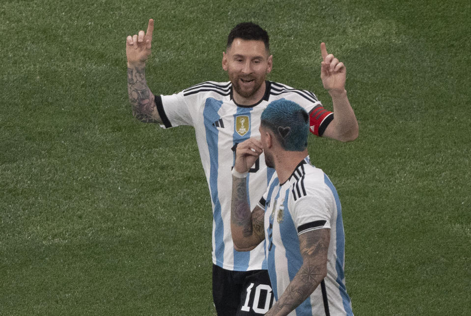 Soccer superstar Lionel Messi celebrates after scoring the first goal against Australia in a friendly soccer match held at the Worker's Stadium in Beijing, Thursday, June 15, 2023. (AP Photo/Ng Han Guan)