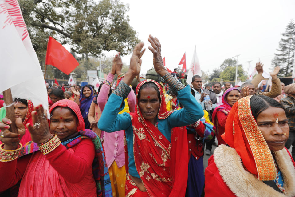 Supporters of a splinter group of Nepal's Communist Party rally in Kathmandu, Nepal, Wednesday, Feb.10, 2012. (AP Photo/Niranjan Shrestha)