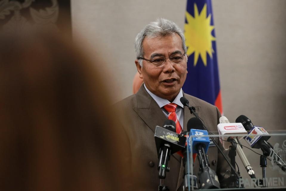 Bersatu supreme council member Datuk Seri Mohd Redzuan Md Yusof speaks to reporters at the Parliament building August 10,2020. — Picture by Ahmad Zamzahuri