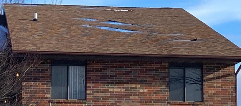 Residents said a tenant in a top floor apartment of this Truverse-run building in Le Grand had to move because birds kept flying in through the storm-damaged roof.