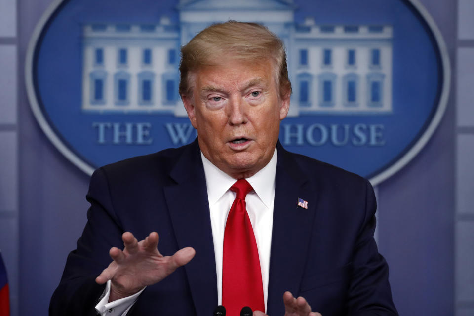 President Donald Trump speaks about the coronavirus in the James Brady Press Briefing Room of the White House, Wednesday, April 22, 2020, in Washington. (AP Photo/Alex Brandon)