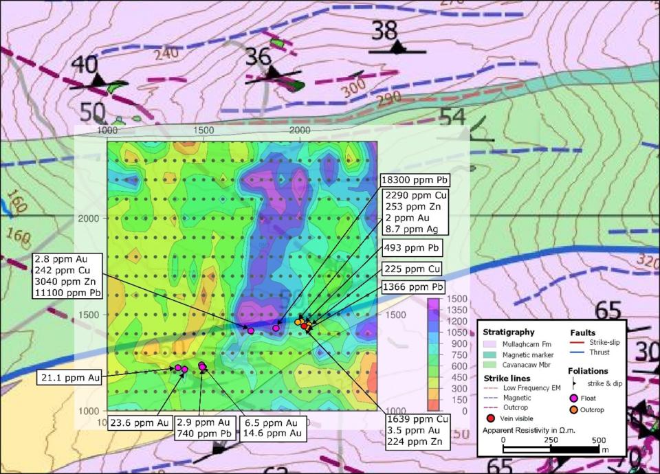 Contoured apparent resistivity data over Cornavarrow target. Black dots show grid measurement points. Key historical exploration data shown for reference.