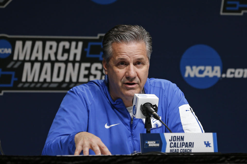 Kentucky head coach John Calipari speaks during a news conference at the NCAA men’s college basketball tournament in Jacksonville, Fla., Friday, March 22, 2019. Kentucky faces Wofford in the second round on Saturday.  (AP Photo/Stephen B. Morton)