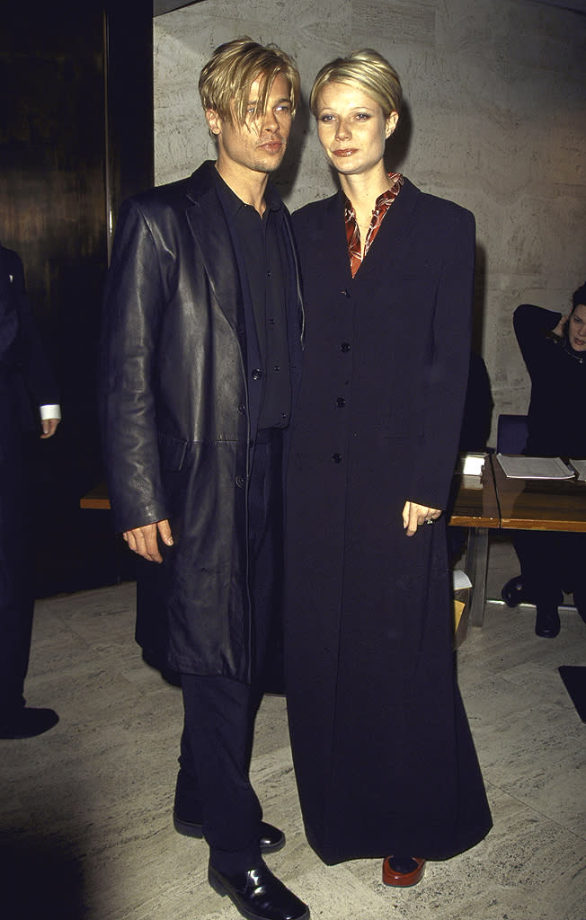 <p class="MsoNormal">Did Gwyneth and Brad Pitt practice their pouts beforehand? The then-couple stepped out together for the premiere of Brad’s 1997 thriller “The Devil’s Own” sporting oddly looking similar styles with their sideswept blond ‘dos and long black coats. (3/20/1997)</p>