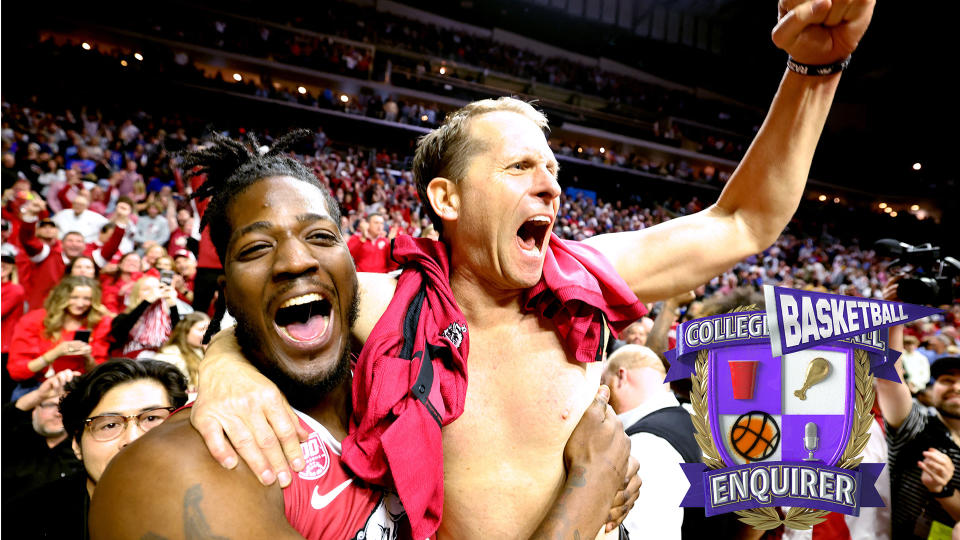 Arkansas's Makhil Mitchell and head coach Eric Musselman celebrate after advancing to sweet sixteen Reese Strickland - USA TODAY.