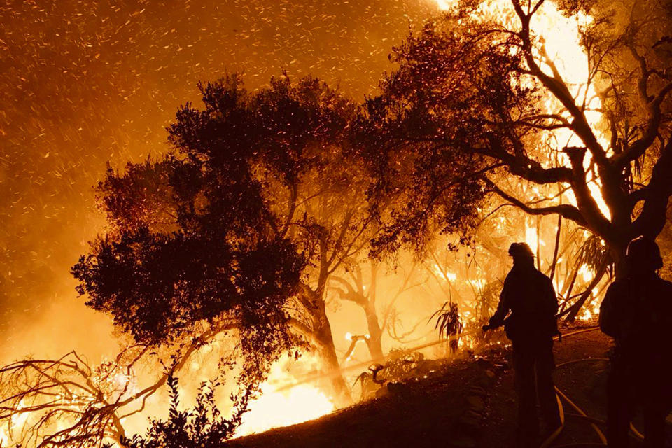 <p>Santa Barbara County Fire Department firefighters knock down flames as they advance on homes in Carpinteria, California, on December 10.</p>