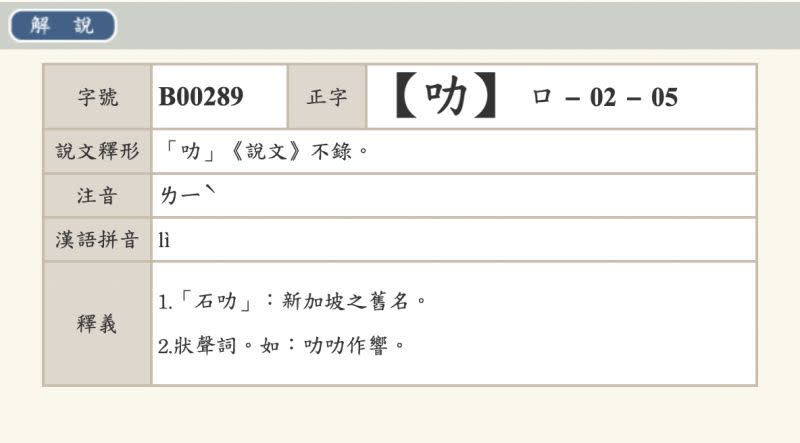 ▲根據教育部異體字字典，叻讀音為「ㄌㄧˋ」。（圖／翻攝自教育部異體字字典）