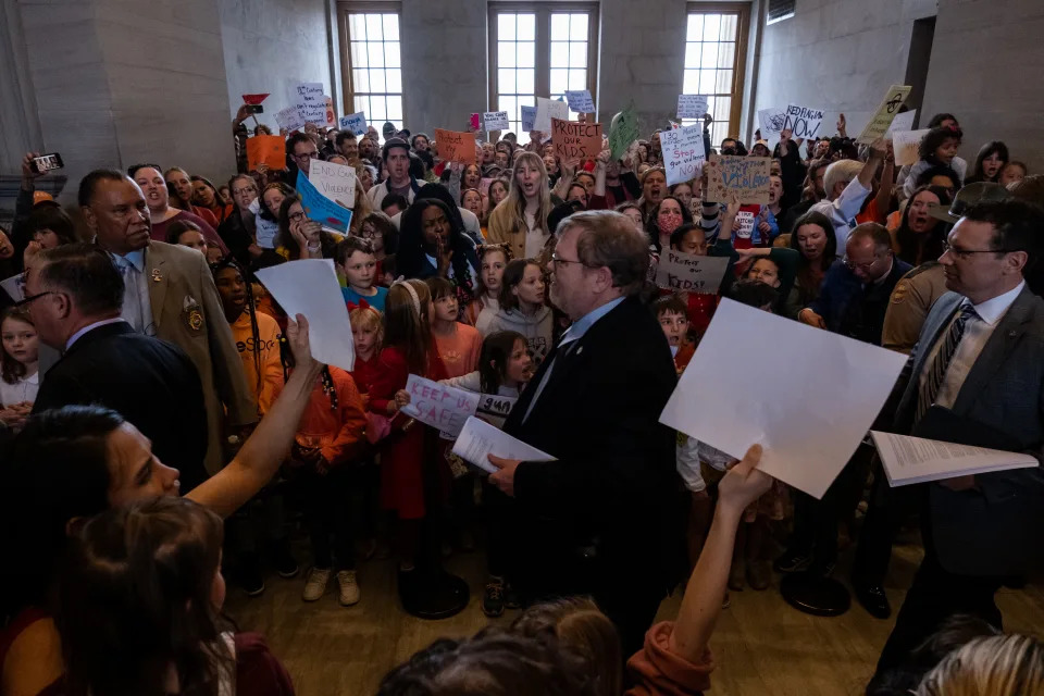 Lawmakers enter the House Chamber surrounded by protesters holding such signs as: Keep Us Safe.