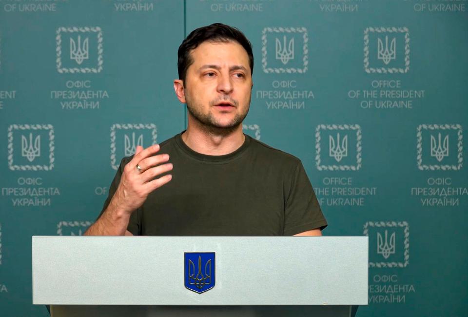 In this photo taken from video provided by the Ukrainian Presidential Press Office, Ukrainian President Volodymyr Zelenskyy speaks to the nation in Kyiv, Sunday, Feb. 27, 2022.