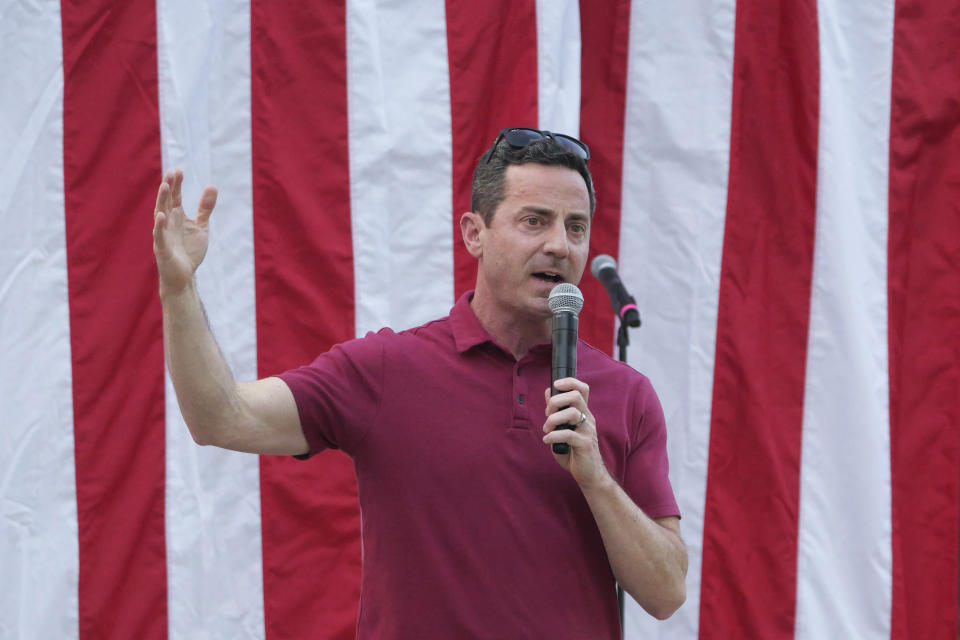 U.S. Senate candidate Trent Staggs speaks during a rally on June 14, 2024, in Orem, Utah. Trent Staggs waved a "Utah for Trump" flag during the campaign rally in his latest reminder to Utah voters that he's backed by the former president in the race to replace U.S. Sen. Mitt Romney. (AP Photo/Rick Bowmer)