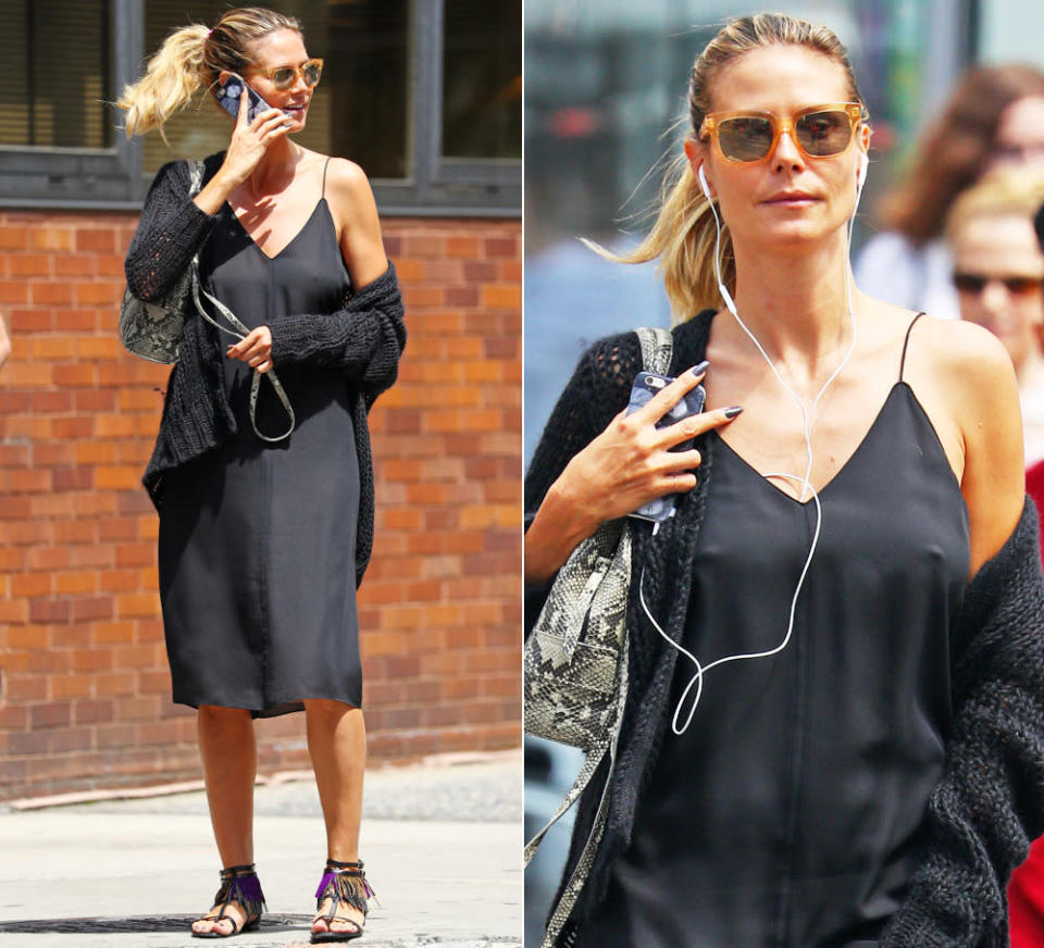 … ein Anblick wie vom anderen Stern bot: Heidi Klum in Sackgewand und Schlabber-Strickjacke? Das kann doch gar nicht sein! Doch, kann es. Auch Heidi mag es manchmal nämlich bequem. Und damit der Look noch ein bisschen gemütlicher saß, ließ Heidi gleich auch den BH weg. Finden wir in diesem Fall allerdings gut so – ansonsten wäre Heidis Lotter-Look statt eines Hin- nämlich ein Weggucker gewesen! (4. August 2016, Bilder: Splash News)