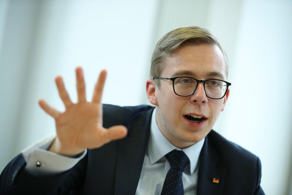 BERLIN, GERMANY - APRIL 16:  Philipp Amthor, a politician of the German Christian Democrats (CDU) in the Bundestag, speaks to the Foreign Journalists' Association on April 16, 2018 in Berlin, Germany. Amthor, at 25 the second-youngest Bundestag member, has been dubbed the CDU's "secret weapon" at countering the right-wing Alternative for Germany (AfD) through his conservative values one the one hand and his willingness to engage the AfD rhetorically in what he describes as the flimsiness of the party's political content.  (Photo by Sean Gallup/Getty Images)