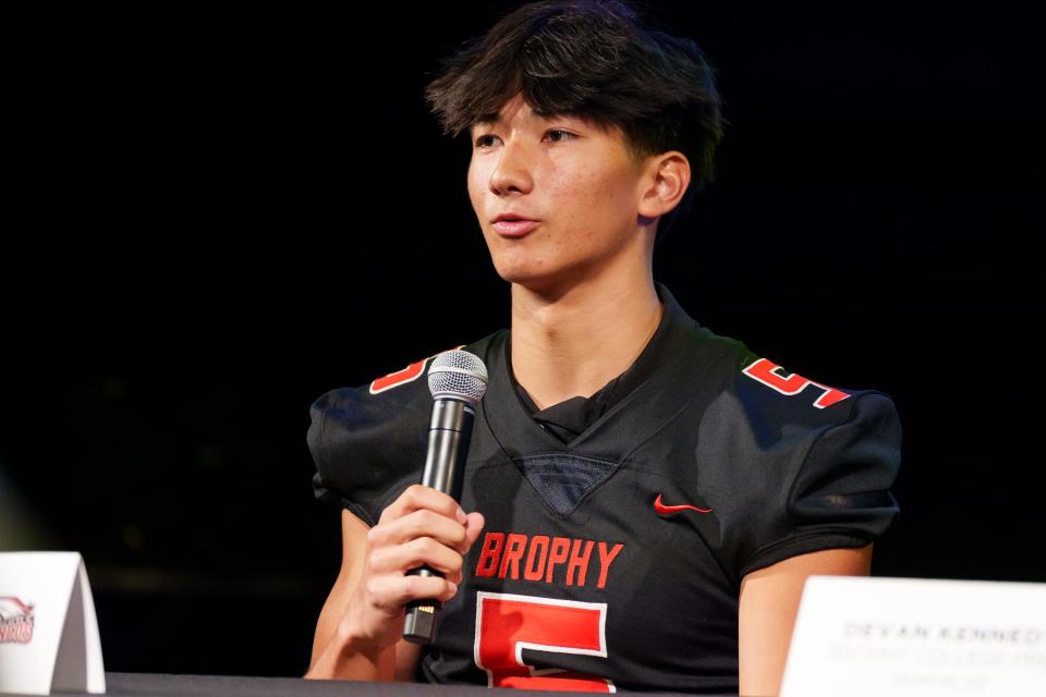 Brophy senior safety, Billy Eastep speaks to reporters during Catholic High School Football Media Day at BrophyÕs black box theater on August 5, 2023, in Phoenix, AZ.