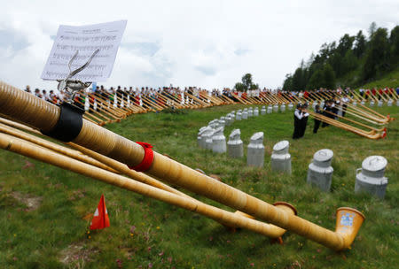 Alphorn blowers perform an ensemble piece on the last day of the Alphorn International Festival on the alp of Tracouet in Nendaz, southern Switzerland, July 22, 2018. REUTERS/Denis Balibouse