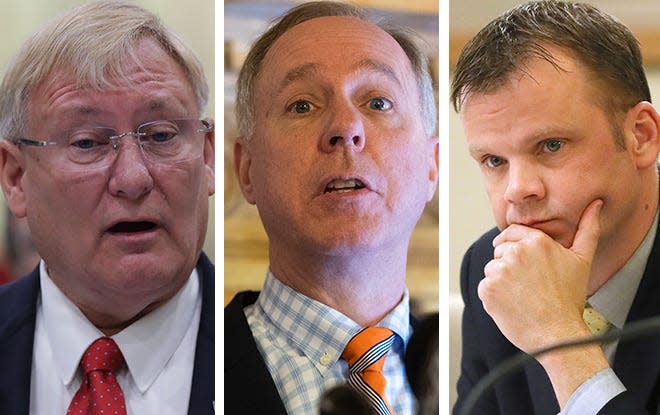 Senate Majority Caucus Chairman Van Wanggaard, left, Assembly Speaker Robin Vos, center, and  Senate Majority Leader Devin LeMahieu, right