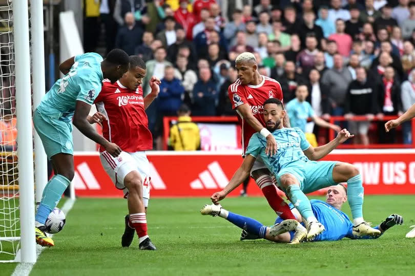 Nottingham Forest goalkeeper Matz Sels watches on as Matheus Cunha scores from a corner for Wolverhampton Wanderers