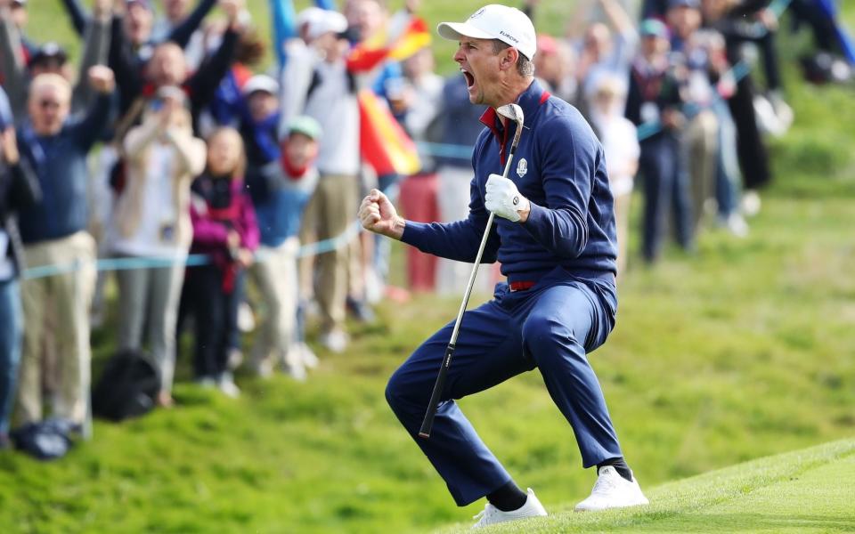 Justin Rose celebrates chipping in at the 2018 Ryder Cup - - Why I snubbed LIV’s payday – and turned into Justin Rose 3.0 - Getty Images/Christian Petersen