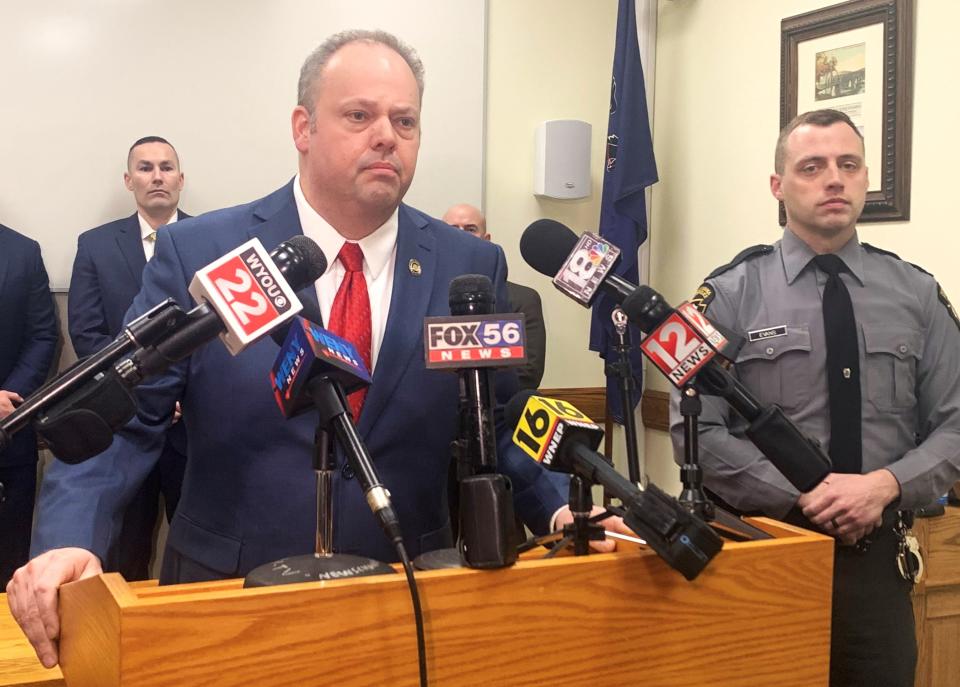 Bradford County District Attorney Richard Wilson listens to a reporter question during a news conference Monday, March 18, 2024 regarding the March 11 shooting death of Michael Pruitt in Springfield Township.