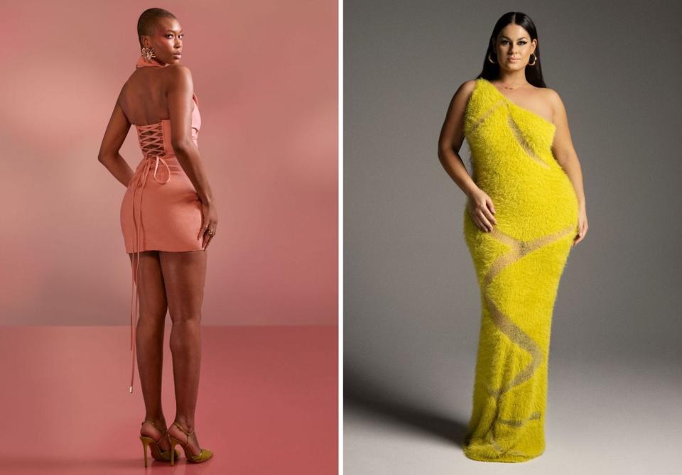 Side-by-side photos of models wearing curve-hugging dresses designed by Anifa Mvuemba.