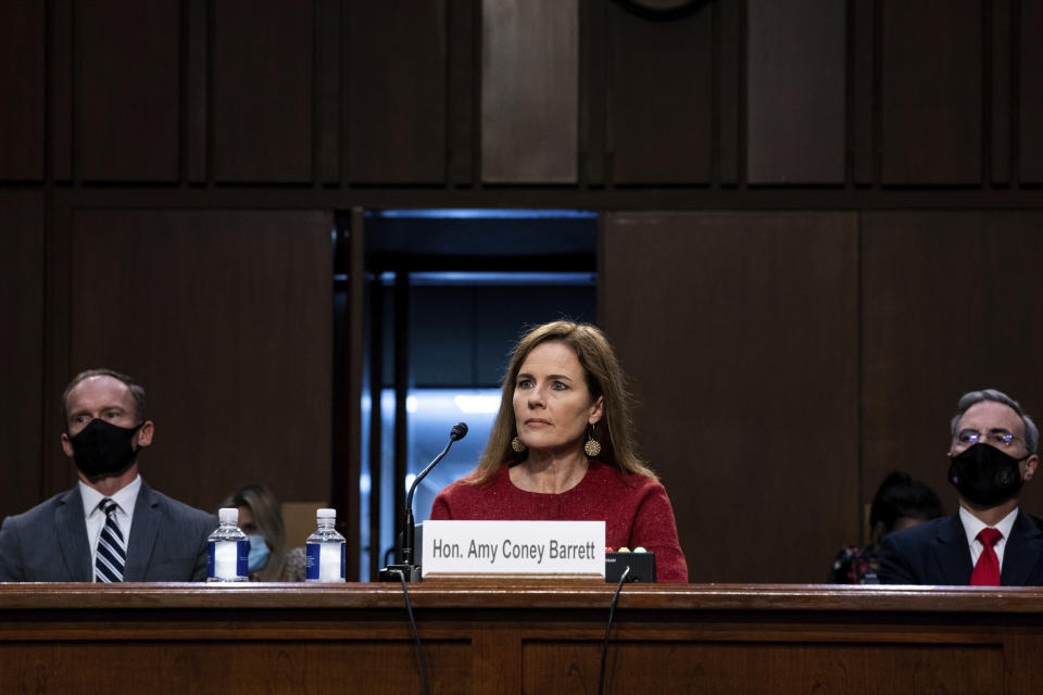 Supreme Court nominee Amy Coney Barrett listens during a confirmation hearing before the Senate Judiciary Committee, Tuesday, Oct. 13, 2020, on Capitol Hill in Washington. (Anna Moneymaker/The New York Times via AP, Pool)