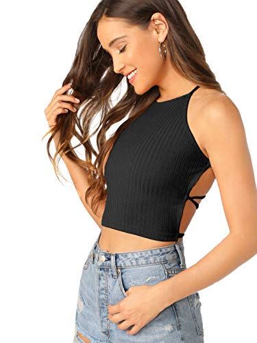 13) Lace Up Backless Halter Crop Top