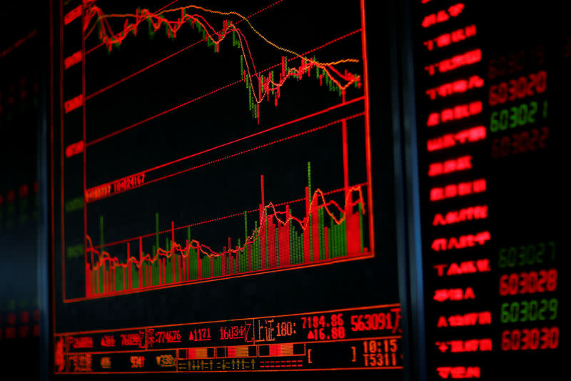 FILE PHOTO: A digital board displays stock information at a brokerage office in Beijing, China, December 7, 2018. REUTERS/Thomas Peter