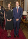 <p>Kate attended a state reception in New Zealand in a black custom Jenny Packham dress featuring a glittering fern embroidery. The Duchess accessorised with Jimmy Choo platform pumps. </p><p><i>[Photo: PA]</i></p>