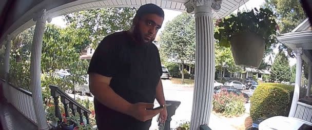 PHOTO: An image taken from a doorbell video shows Khalid Mehdiyev on the porch of the home of Masih Alinejad, July 28, 2022, in the Brooklyn borough of New York. (Courtesy of Masih Alinejad via AP)