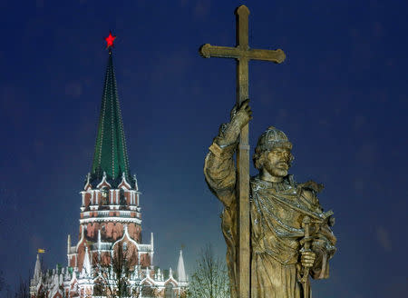 FILE PHOTO: A general view shows a monument to Grand Prince Vladimir, who brought Christianity to the precursor of the Russian state, near the Kremlin walls in central Moscow, Russia, November 4, 2016. REUTERS/Maxim Shemetov/File Photo