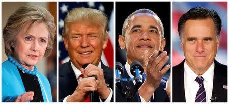 A combination of file photos show L-R: U.S. Democratic presidential candidate Hillary Clinton, Republican U.S. presidential candidate Donald Trump in 2016 and U.S. President Barack Obama, and Republican presidential nominee Mitt Romney in 2012. REUTERS/File Photos